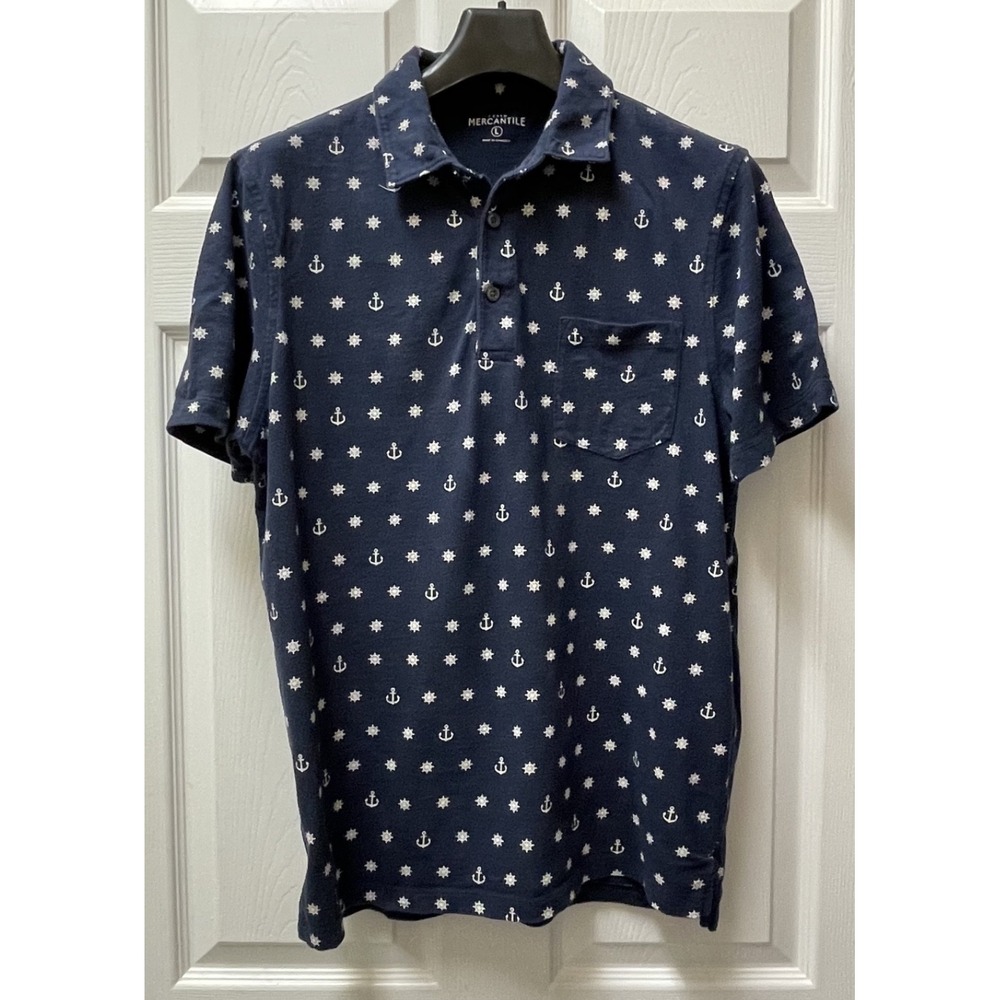 J Crew Men's Large Knit Polo Allover Navy Nautical Print Preppy Pocket
